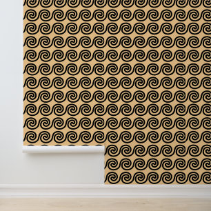 Greek Meander Key Waves Pattern Brown Wallpaper