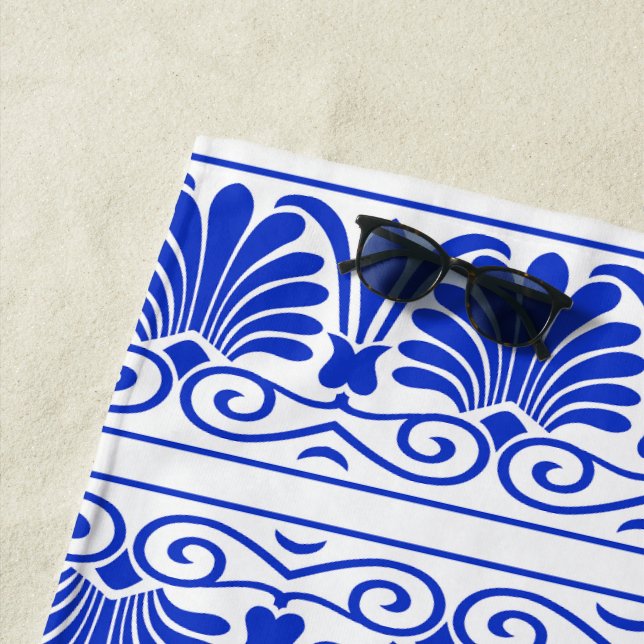 Greek Mediterranean Arabesque Pattern Blue Beach Towel (In Situ)