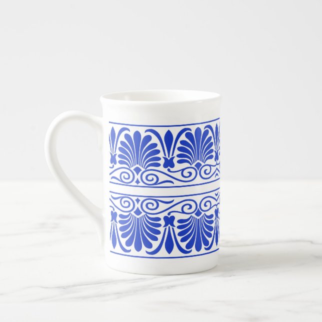 Greek Mediterranean Arabesque Pattern Blue Bone China Mug (Left)