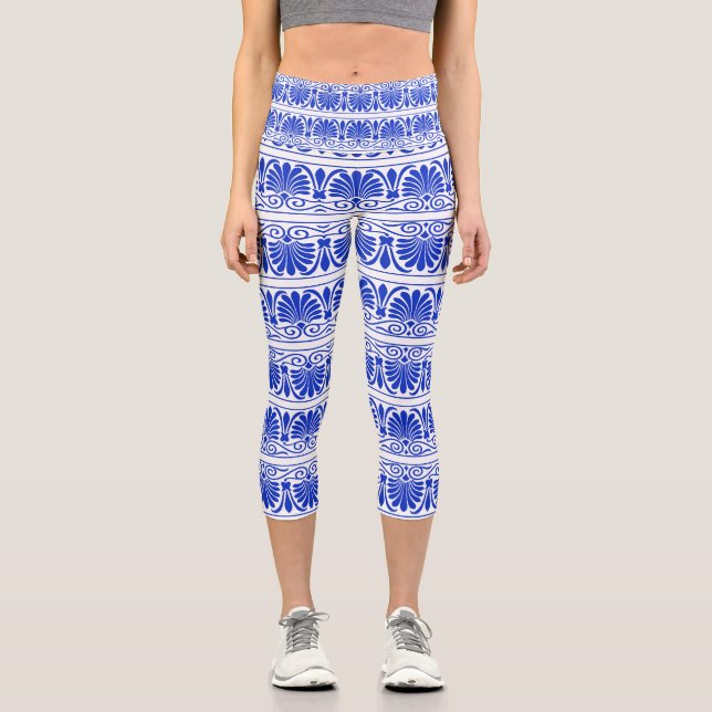 Greek Mediterranean Arabesque Pattern Blue Capri Leggings (Front)