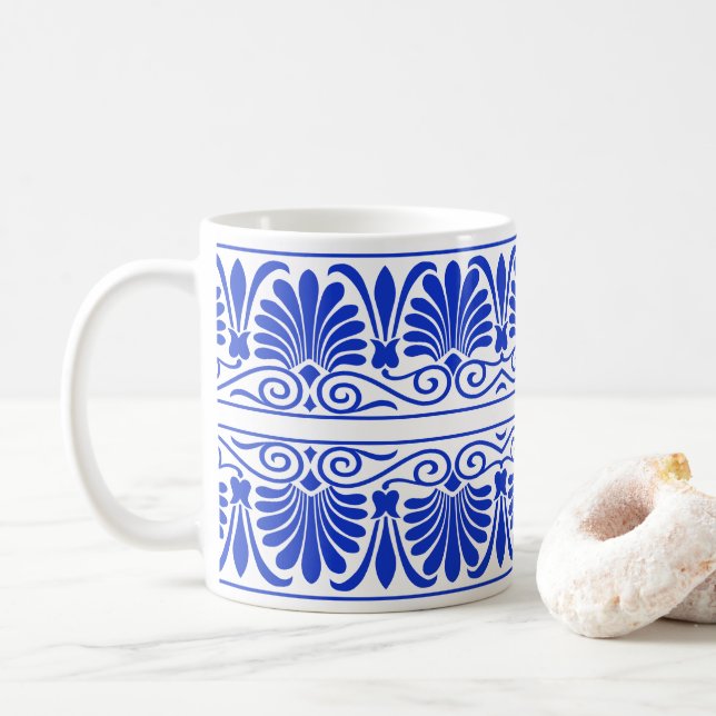 Greek Mediterranean Arabesque Pattern Blue Coffee Mug (With Donut)