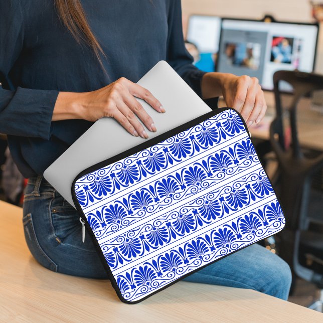 Greek Mediterranean Arabesque Pattern Blue Laptop Sleeve (Creator Uploaded)