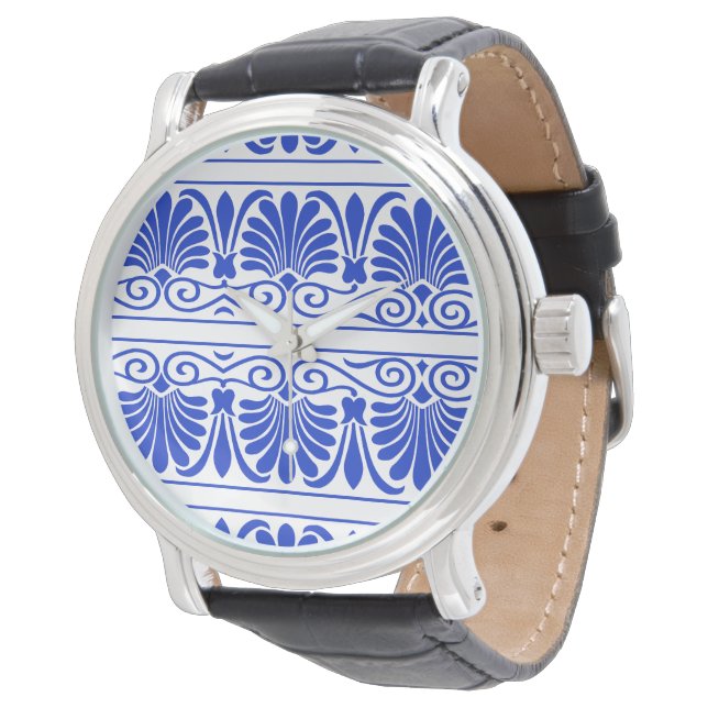 Greek Mediterranean Arabesque Pattern Blue Watch (Angled)