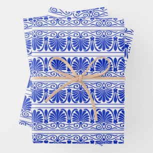 Greek Mediterranean Arabesque Pattern Blue Wrapping Paper Sheet