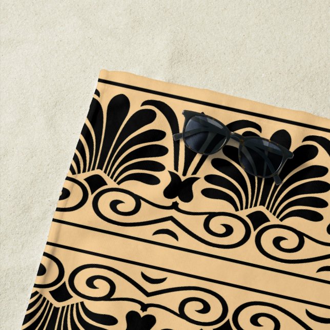 Greek Mediterranean Arabesque Pattern Brown Beach Towel (In Situ)