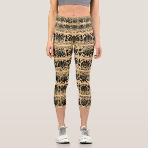 Greek Mediterranean Arabesque Pattern Brown Capri Leggings