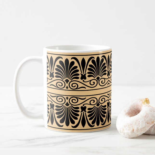 Greek Mediterranean Arabesque Pattern Brown Coffee Mug (With Donut)