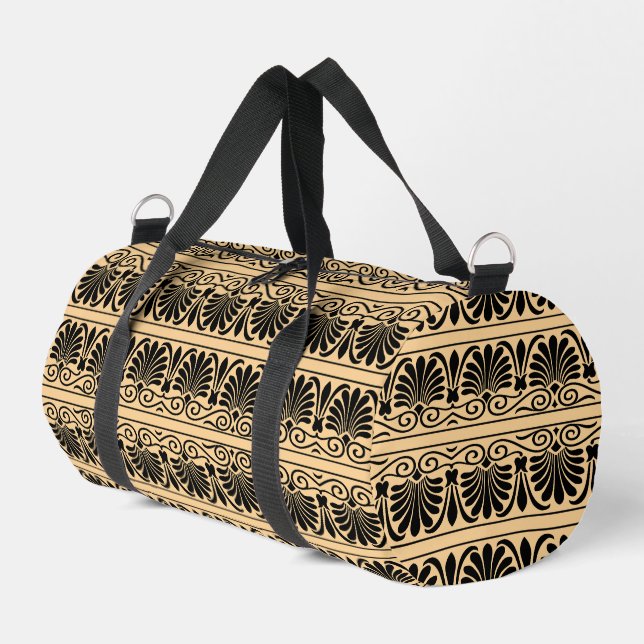 Greek Mediterranean Arabesque Pattern Brown Duffle Bag (Left Corner)