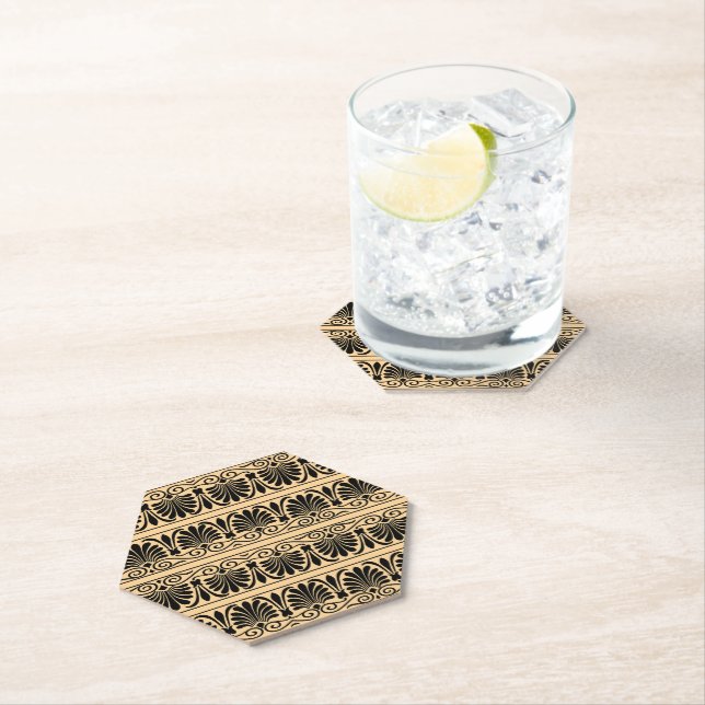 Greek Mediterranean Arabesque Pattern Brown Paper Coaster (Insitu)