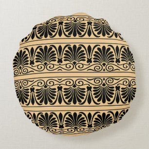 Greek Mediterranean Arabesque Pattern Brown Round Cushion
