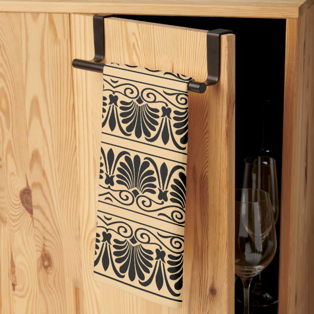 Greek Mediterranean Arabesque Pattern Brown Tea Towel (Thirds Fold)