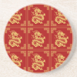 Greek Ornament Frame Gold Dragon Pattern Red  Coaster