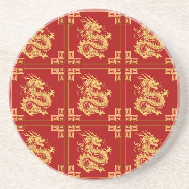 Greek Ornament Frame Gold Dragon Pattern Red  Coaster (Front)