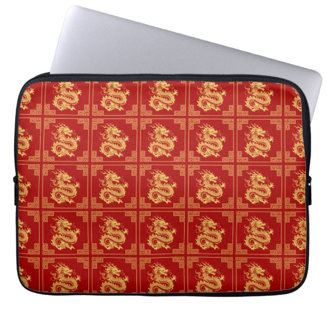 Greek Ornament Frame Gold Dragon Pattern Red  Laptop Sleeve (Front)