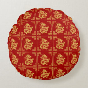 Greek Ornament Frame Gold Dragon Pattern Red Round Cushion