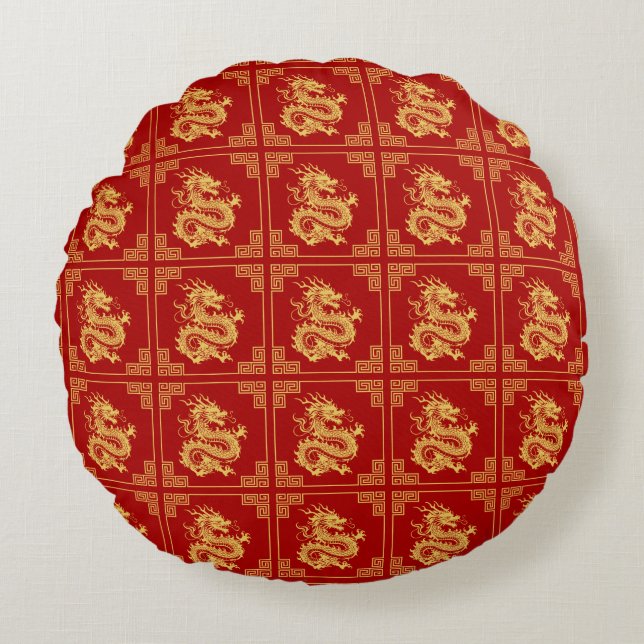 Greek Ornament Frame Gold Dragon Pattern Red  Round Cushion (Front)