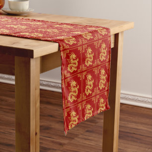 Greek Ornament Frame Gold Dragon Pattern Red  Short Table Runner