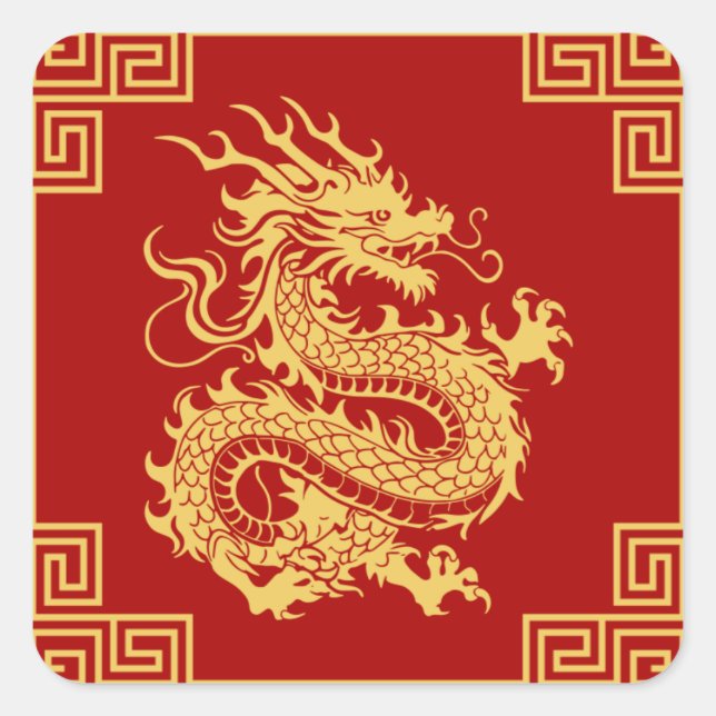 Greek Ornament Frame Gold Dragon Pattern Red  Square Sticker (Front)
