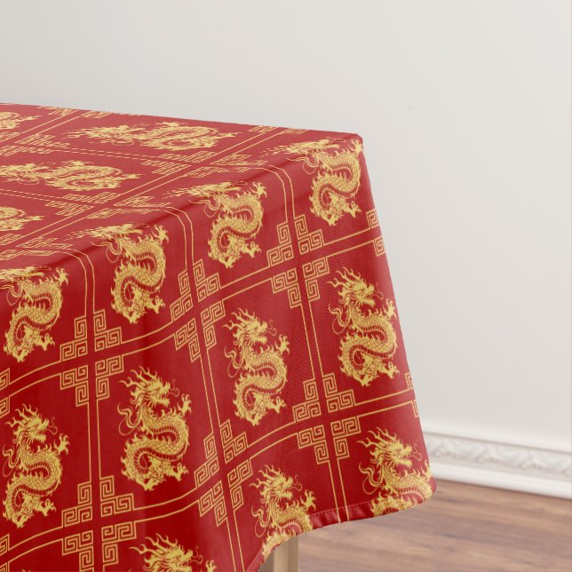 Greek Ornament Frame Gold Dragon Pattern Red  Tablecloth (In Situ)