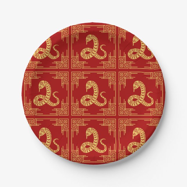 Greek Ornament Frame Gold Snake Pattern Red  Paper Plate (Front)
