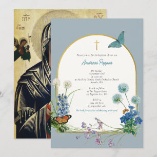 Greek Orthodox Christening Baptism Blue Wildflower Invitation