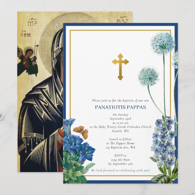 Greek Orthodox Christening Baptism Boy Blue Floral Invitation (Front/Back)