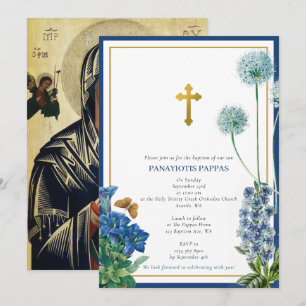 Greek Orthodox Christening Baptism Boy Blue Floral Invitation