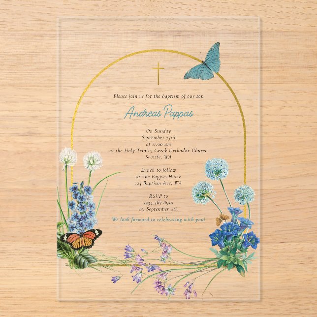 Greek Orthodox Christening Baptism Boy Wildflower Acrylic Invitations (Front)