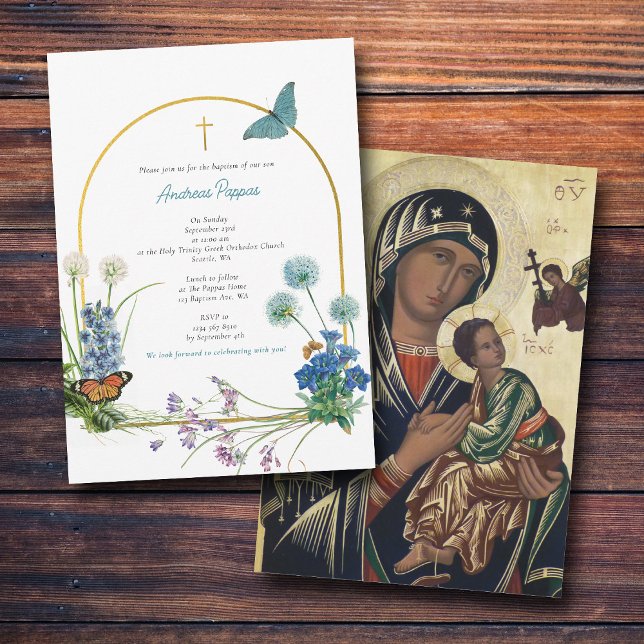 Greek Orthodox Christening Baptism Boy Wildflower Invitation (Greek Orthodox Christening Baptism Boy Wildflower Invitation)
