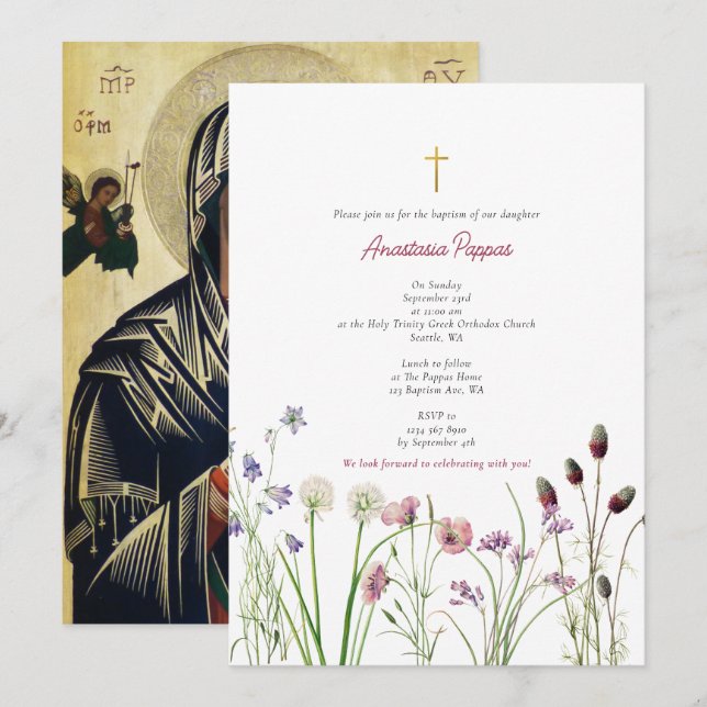 Greek Orthodox Christening Baptism Girl Wildflower Invitation (Front/Back)