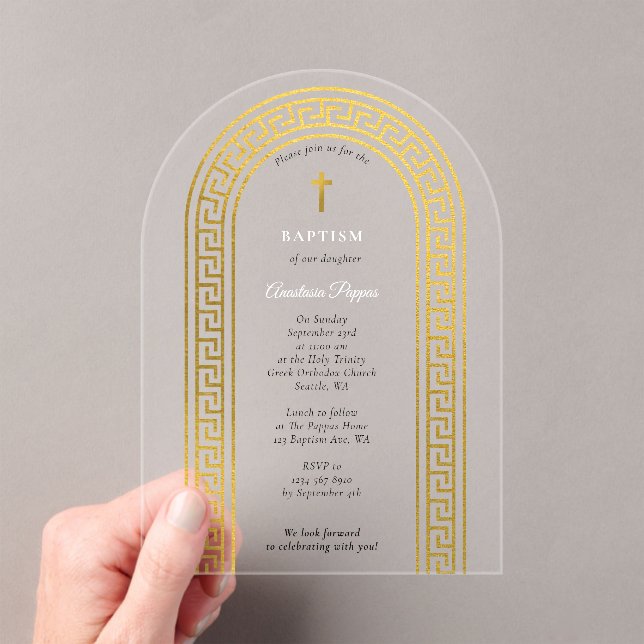 Greek Orthodox Christening Baptism Gold Greek Key  Acrylic Invitations (Insitu (Handheld))
