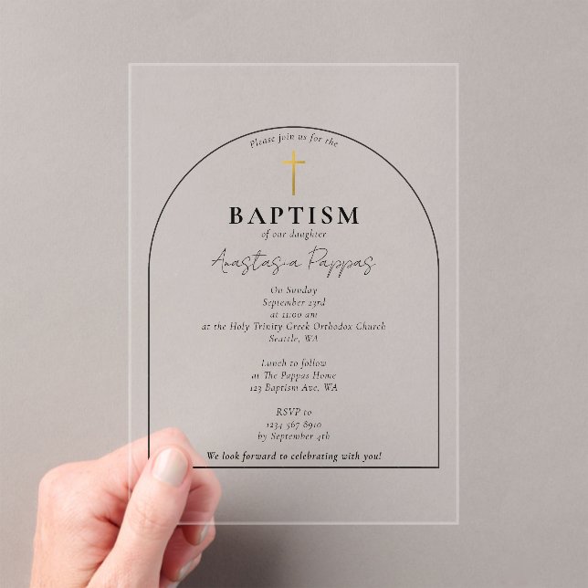 Greek Orthodox Christening Baptism Modern Arch Acrylic Invitations (Insitu (Handheld))