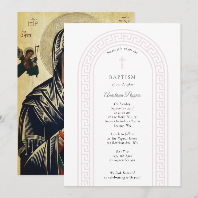 Greek Orthodox Christening Baptism Pink Greek Key  Invitation (Front/Back)