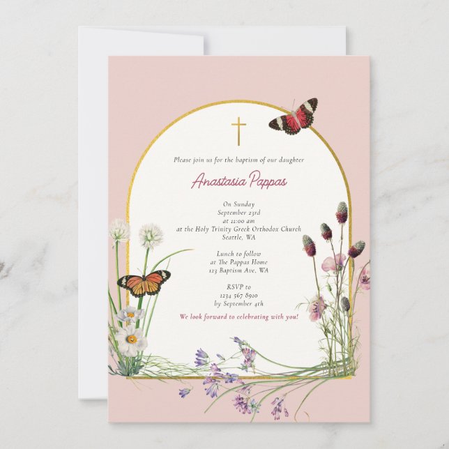 Greek Orthodox Christening Baptism Pink Wildflower Invitation (Front)