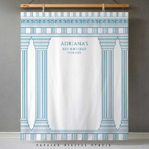 Greek Party Backdrop with blue temple Tapestry