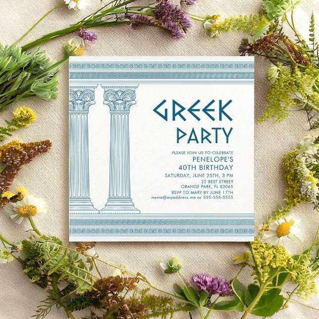 Greek Party Invite with blue columns and meander (Creator Uploaded)