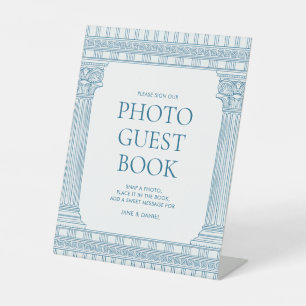 Greek party photo guest book with blue temple pedestal sign