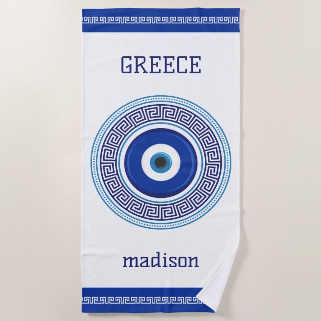 Greek Pattern Evil Eye Nazar Beach Towel (Front)