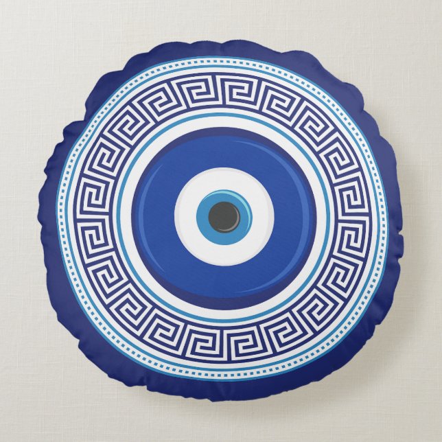 Greek Pattern Nazar Amulet Round Cushion (Front)