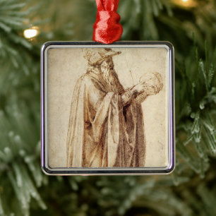 Greek Philosopher with Human Skull by Michelangelo Metal Tree Decoration