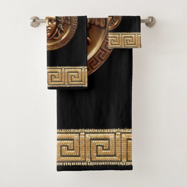 Greek Revival Gorgon / Medusa and Meander Key Bath Towel Set (Insitu)