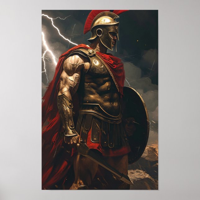 Greek Spartan Warrior Standing in Front of Lightni Poster (Front)