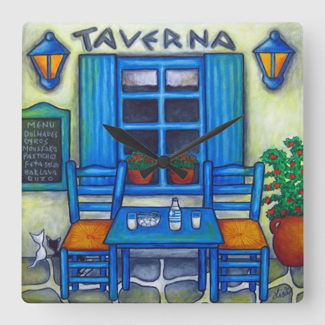 Greek Taverna Square Wall Clock, Lisa Lorenz Clock (Front)