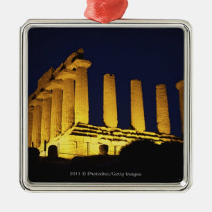 Greek Temple at Night with yellows and oranges Metal Tree Decoration