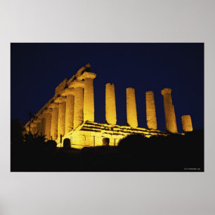 Greek Temple at Night with yellows and oranges Poster