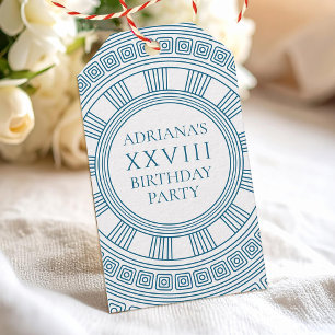 Greek themed party favours with blue patterns gift tags