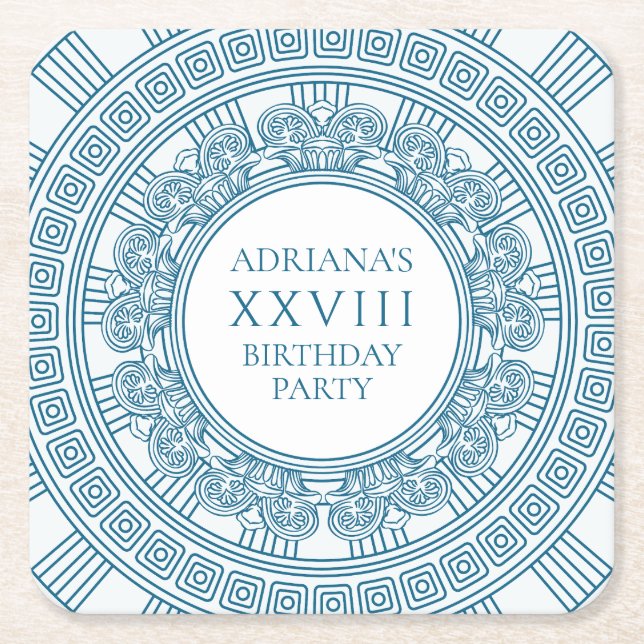 Greek toga birthday party with blue elements square paper coaster (Front)