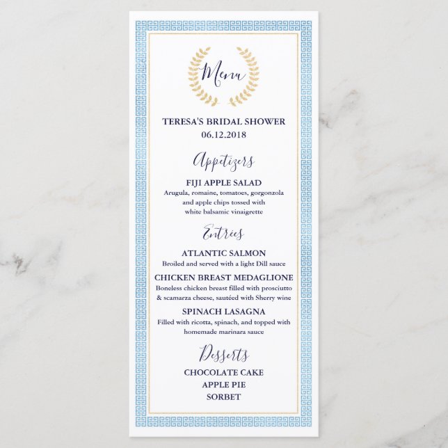 Greek Toga Bridal Baby Shower Wedding Menu (Front)