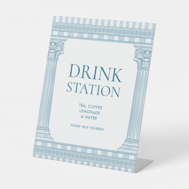 Greek toga party drink station with blue temple pedestal sign (Front)