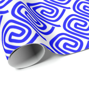 Greek Traditional Blue White Meander Fret Pattern Wrapping Paper